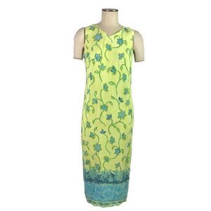 Vtg Plaza South Dress Women's 10P Yellow Teal Midi Slit 90s Y2K Floral Flowers